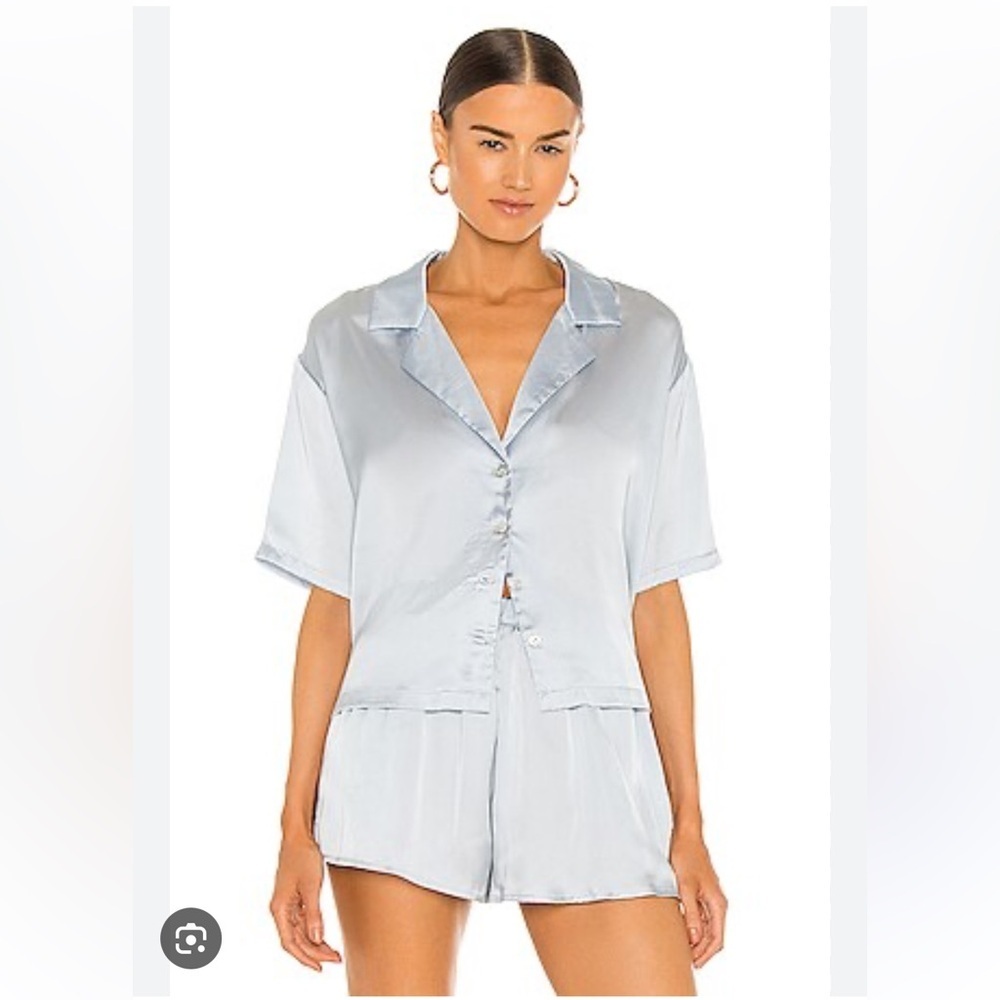 Lovers + Friends Shawn Top Blue Button Down Satin Shirt Size Small